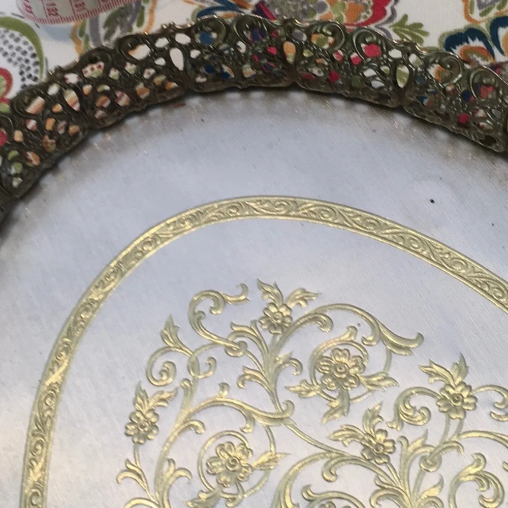 Vintage and hard to find gold vanity filigree etched mirrored tray